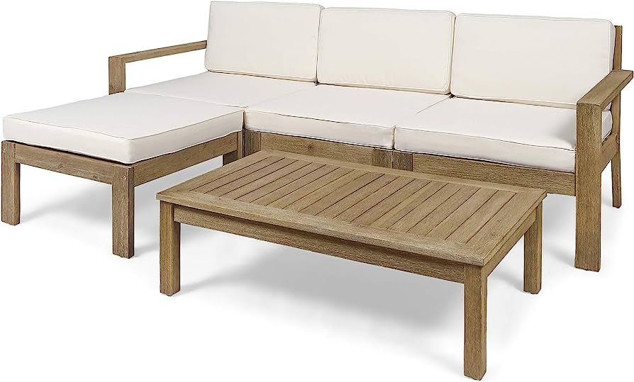 Great Deal Furniture Makayla Ana Outdoor 3 Seater Acacia Wood Sofa Sectional with Cushions, Light... | Amazon (US)