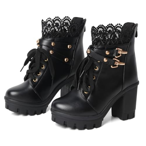 Amazon.com | FOREADA Platform Boots Goth Combat Ankle Boots for Women Fashion Black Chunky Heel G... | Amazon (US)
