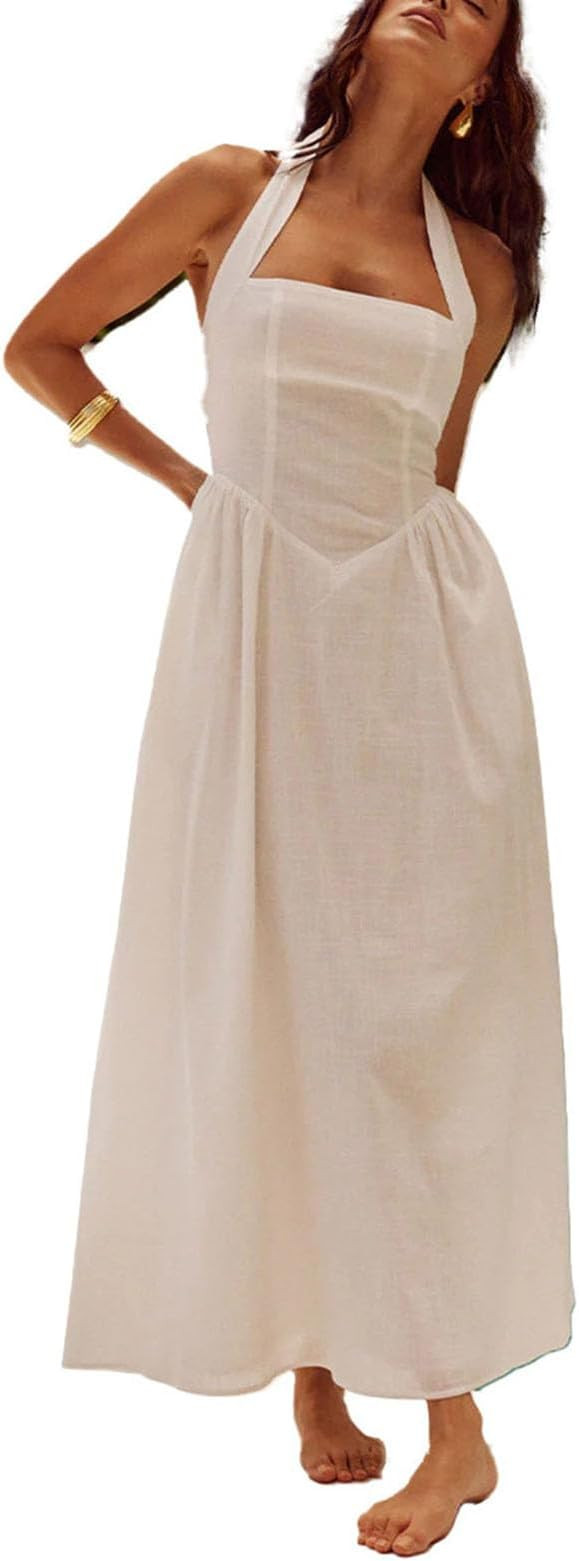 Women 2025 Summer Halter Neck Dress Backless Ruffle Long Flowy Dresses Sleeveless Trendy Short Dr... | Amazon (US)