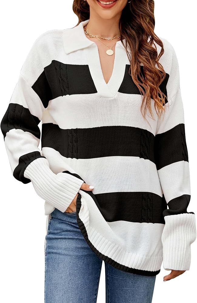 Women's Oversized Sweaters V Neck Long Sleeve Knit Sweater Chunky Color Block Striped Fall Sweate... | Amazon (US)