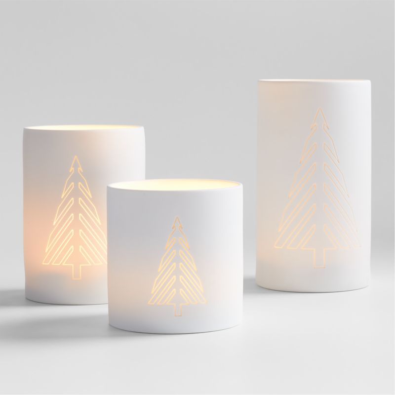White Christmas Tree Ceramic Hurricane Candle Holders | Crate & Barrel | Crate & Barrel