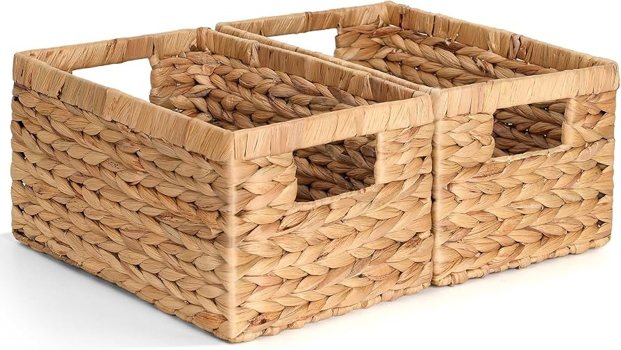 Set of 2 Wicker Shelf Storage Baskets for Organizing - Natural Durable Water Hyacinth Woven Baske... | Amazon (US)