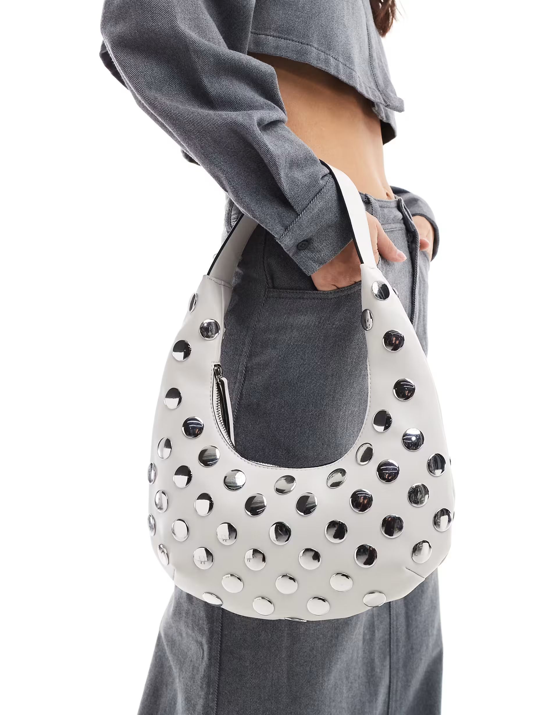 ASOS DESIGN curved shoulder bag with flat studs in stone | ASOS (Global)