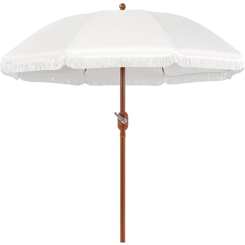 Yaheetech 9ft Patio Umbrella with Tassels, Fringe Portable Beach Umbrella, Umbrella Outdoor Patio with Crank Operating Mechanism, Tilting Aluminum Pole, Fiberglass Ribs For Garden, Pool, Cream | Amazon (US)