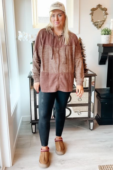 Midsize outfit. 
Waffle knit sweater (on Amazon storefront 🇺🇸)
Spanx faux leather leggings 
Ugg tazz 
Trucker hat. 
Cozy style. 
Casual midsize style. 

Size L leggings and sweater  

#LTKSeasonal #LTKstyletip #LTKmidsize