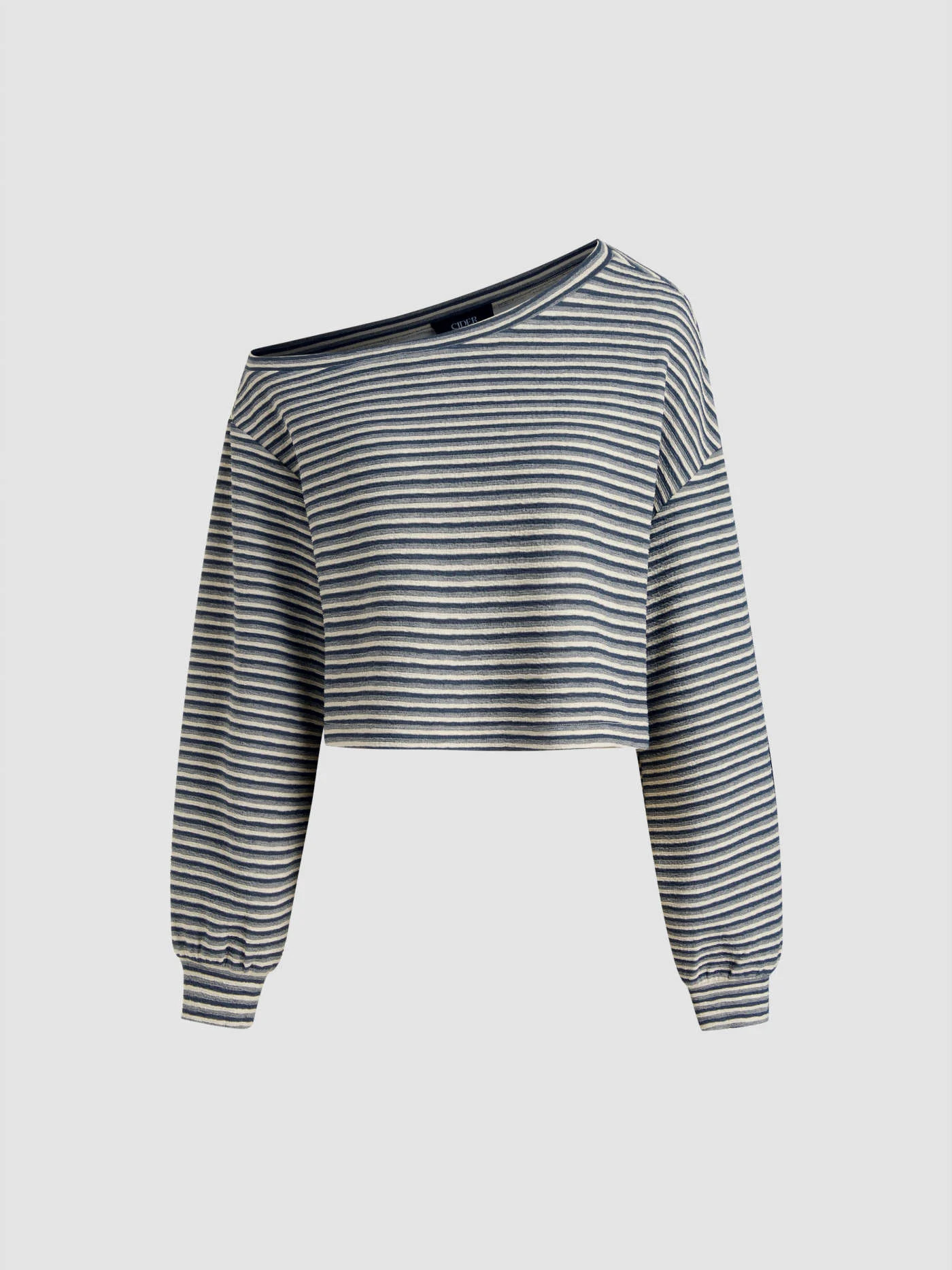 Jersey Cotton-blend Asymmetrical Neck Stripe Oversized Crop Sweatshirt For Daily Casual | Cider