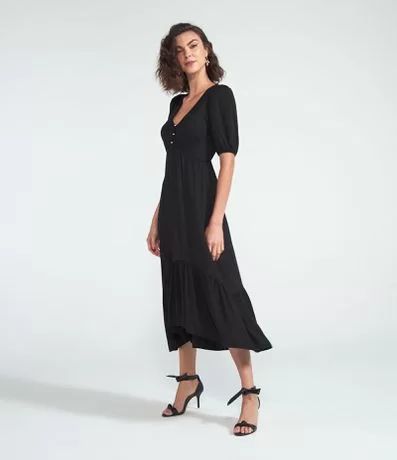 Vestido Midi Liso com Decote V e Babado Preto | Lojas Renner BR