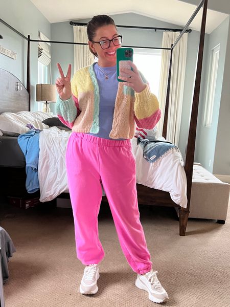 Colorful cardigan - old from shein. Linked similar. 
New favorite t-shirt from target - medium 
Hot pink sweatpants  - gap size large
Chunky retro sneakers from Walmart

Carpool mom outfit. Colorful outfit. Stay at home mom outfit. Comfy cute outfit  

#LTKmidsize #LTKfindsunder50 #LTKSeasonal