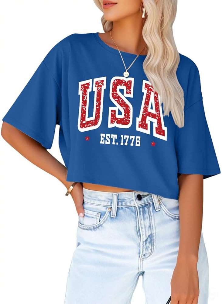 4th of July Shirts Women American Flag Shirt Sexy Patriotic Shirts USA Crop Print T Shirt Memoria... | Amazon (US)