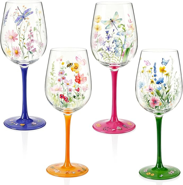 Nuogo 4 PCS Hand Painted Wild Flower Wine Glasses, 15 oz | Amazon (US)