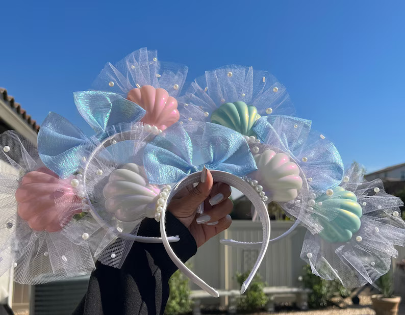 Mermaid Shell Mouse Ears Ears Headband, Seashells, Pearl Charm Mouse Ears, Tulle Mouse Ears, Whit... | Etsy (US)