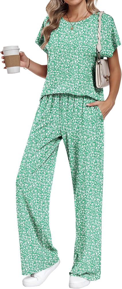 AUSELILY Women's Batwing Short Sleeve Two Piece Sets Summer Crew Neck Wide Leg Pants Matching Set... | Amazon (US)