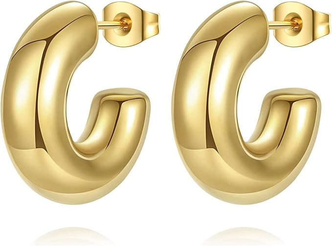 Chunky Gold Hoop Earrings for Women, Lightweight Stainless Steel Thick Hollow Open Hoops with 18K... | Amazon (US)