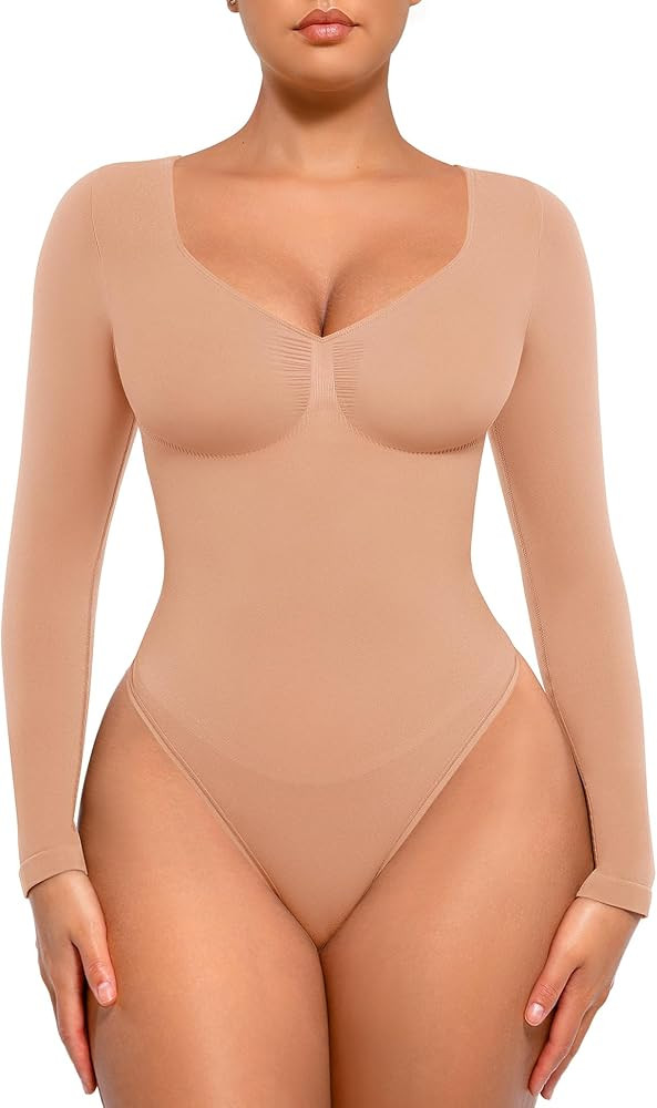 FeelinGirl Women's Tummy Control Bodysuit Shapewear Body Shaper Thong V Neck Long Sleeve Full Cov... | Amazon (UK)