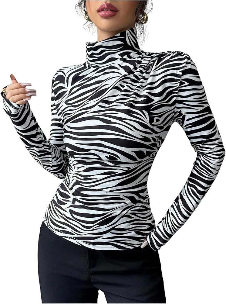 Milumia Women's Zebra Print Long Sleeve Tops Mock Neck Fitted Tee T Shirts | Amazon (US)