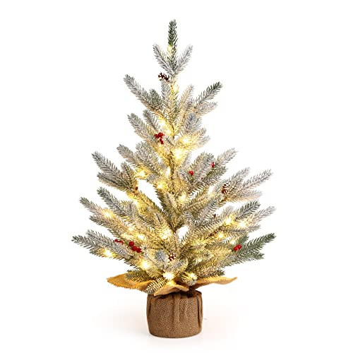 24 Inch Table Top Christmas Tree, Artificial Small Christmas Tree with 50 LED Lights, Prelit White Mini Christmas Tree Table Centerpiece with Snow Flocked for Dining Room Office Table Desk Decorations | Amazon (US)