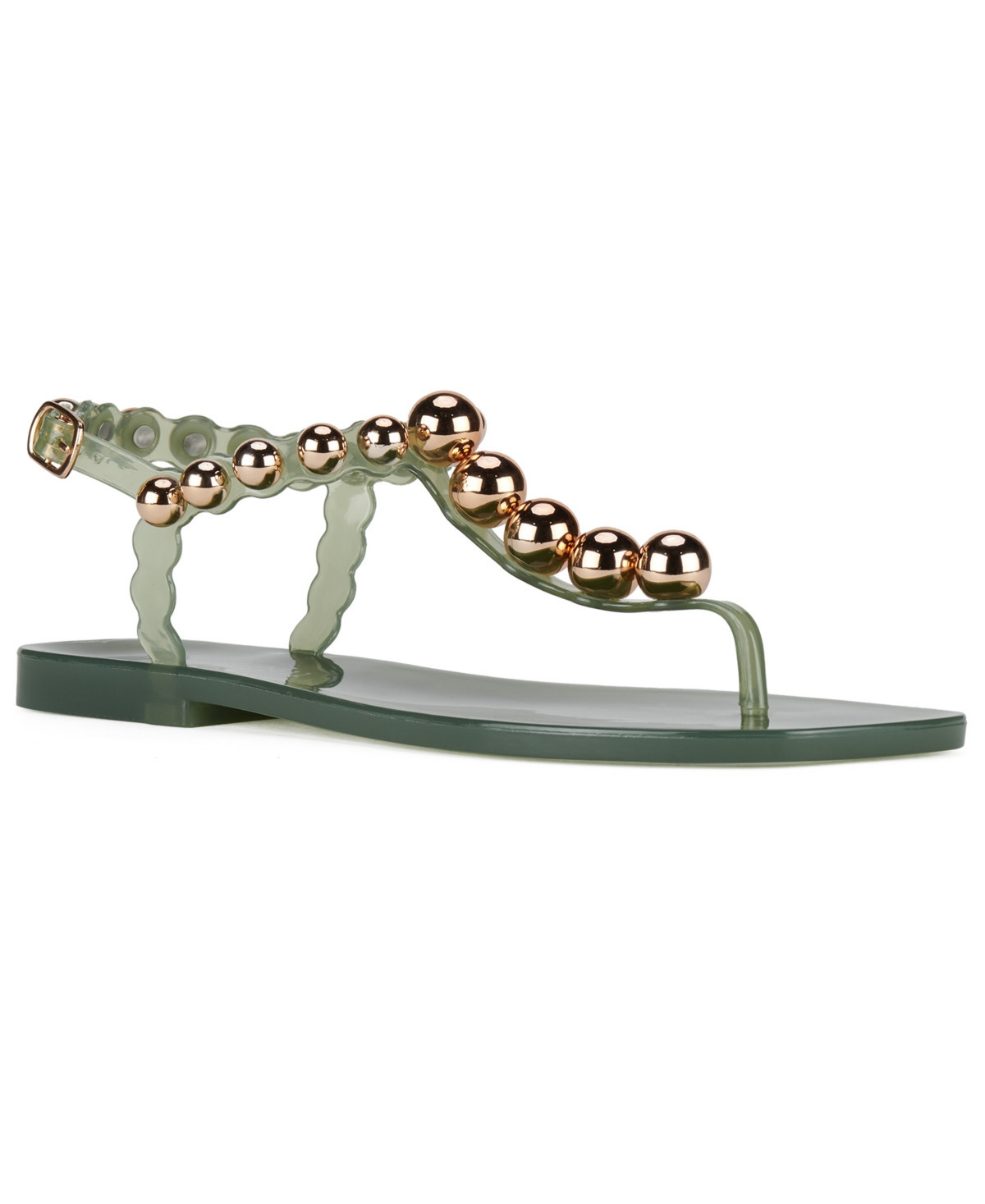 Jeffrey Campbell Women's Plated Studded T-Strap Jelly Sandals - Green Gold Metallic | Macy's