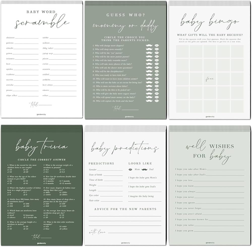Baby Shower Games - 6 Fun Baby Shower Games for Girl or Boy, 25 Guests, Double-Sided Cards, Sage ... | Amazon (US)