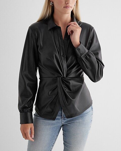 Faux Leather Twist Front Shirt | Express