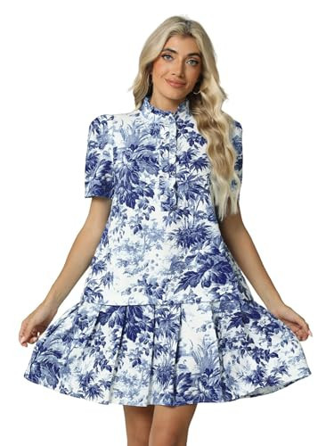 Women Floral Mini Dress Short Sleeve Stand Collar Button Up Elegant Work Swing Short Pleated Dress Navy Blue | Amazon (US)
