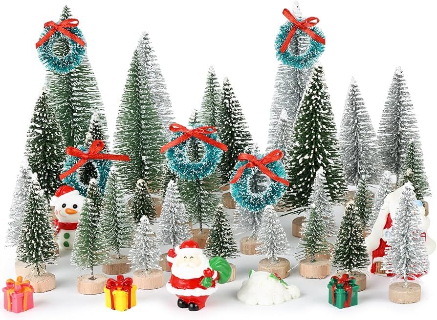 HAKACC 48PCS Mini Christmas Trees and Resin Miniatures, Sisal Snow Trees Christmas Bottle Brush T... | Amazon (US)
