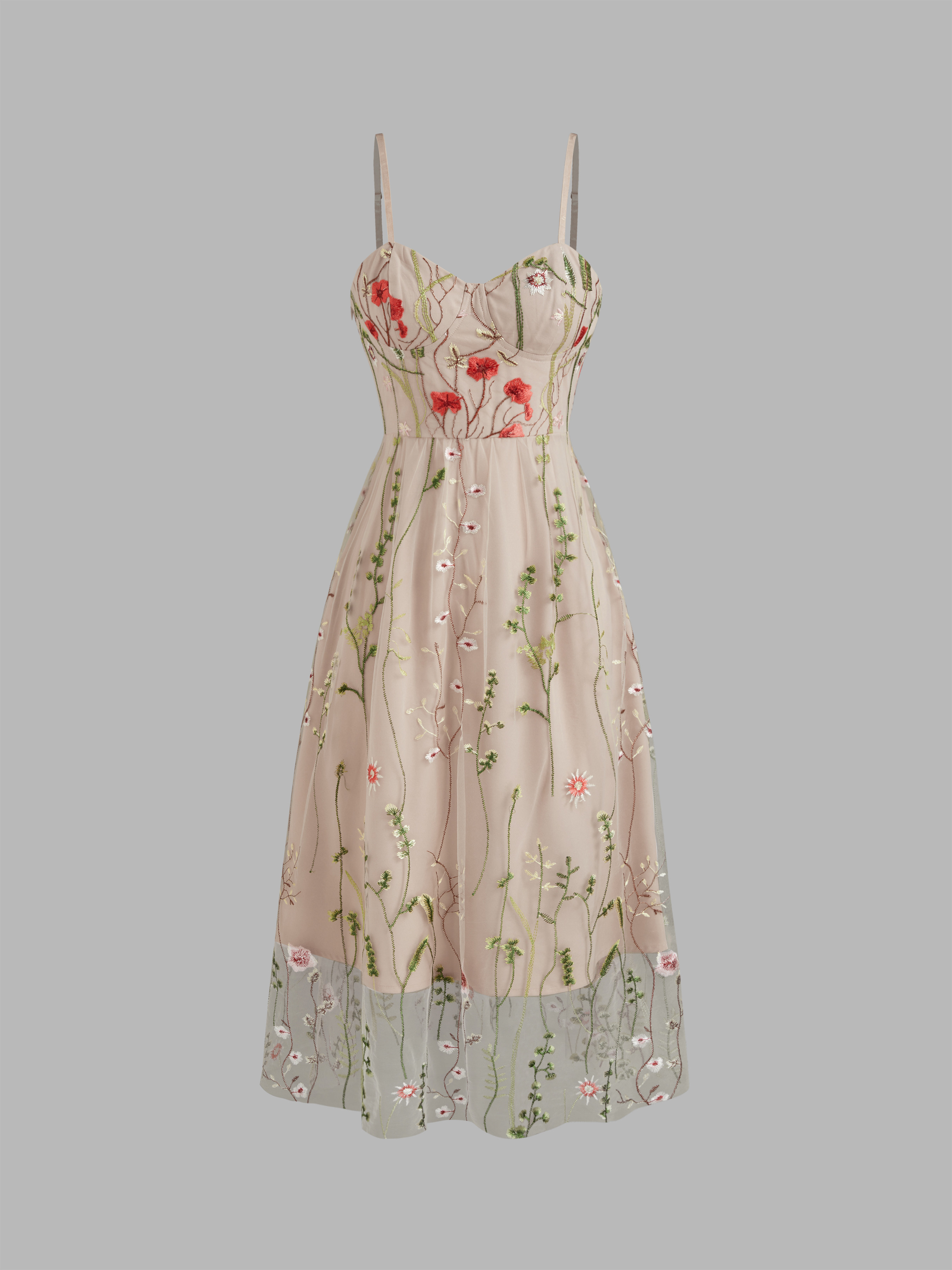 Woven Sweetheart Neckline Floral Embroidery Mesh Maxi Dress For Vacation | Cider