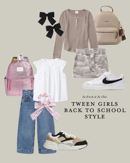 Tween girl back to school first day outfit ideas!
-
Mango Kids - Abercrombie Kids - Nike - Amazon Fashion - State Bags - kids accessories - kids style - first day of school outfits - culotte jeans girls - white shirt girls - long sleeve taupe ribbed tee girls - camo print skort girls - leather checkered backpack - TJ Maxx backpack - pink metallic leather backpack girls - tween girls fashion - white Nike sneakers girls - pieces sneakers girls - striped scrunchie hair bow - black velvet bow clips - back to school outfit - back to school fashion 

#LTKkids #LTKsalealert #LTKstyletip