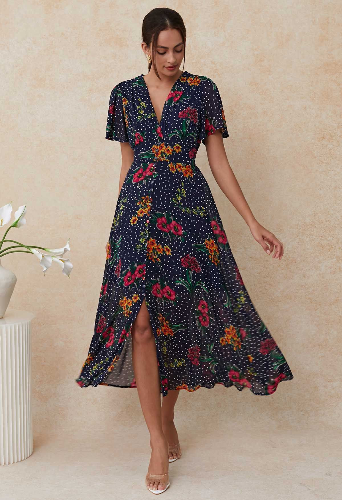 V-Neck Polka Dot Floral Printed Chiffon Dress in Navy | Chicwish