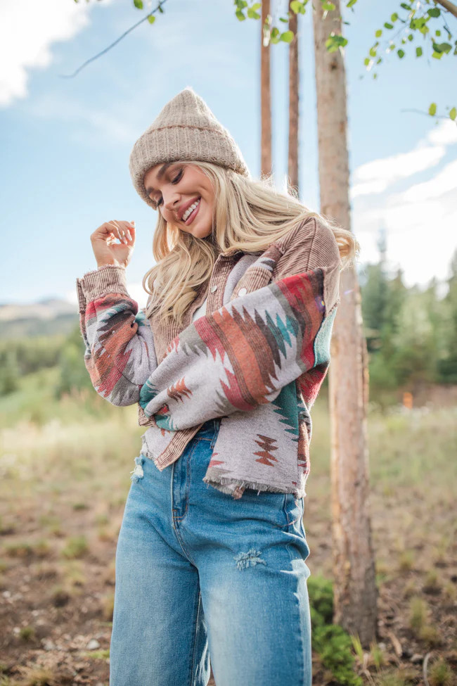 Small Town Stroll Brown Acid Wash Southwestern Print Jacket | Pink Lily