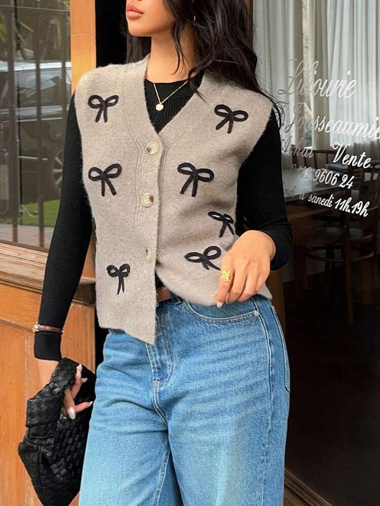 Serisse Women's Casual Bow Decor Single-Breasted Knitted Vest, Autumn/Winter,Winter Sweaters For Women,Sweater Vest For Women, Bowknot Embroidered Sweater Vest,Sleeveless Cardigan,Brown Top, Brown Cardigan, Brown Sweater, Western Sweater Vest,Fall,Fall Clothes For Women,Winter Clothes For Women | SHEIN