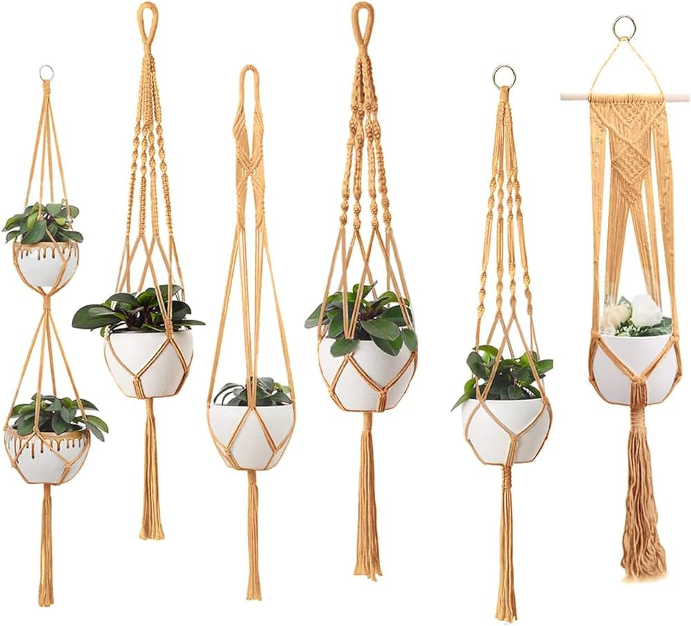 Macrame Plant Hangers - 6 Pack, Brown, Indoor/Outdoor, 11.9 lbs Capacity, Ready to Hang | Amazon (US)