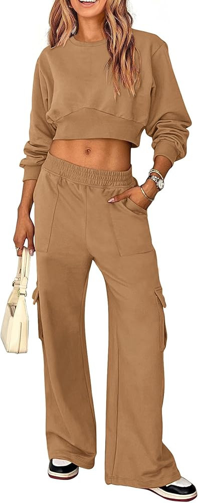 PRETTYGARDEN Womens Fall 2 Piece Outfits Sweatsuits Sets Long Sleeve Crop Tops Sweatshirt Wide Le... | Amazon (US)