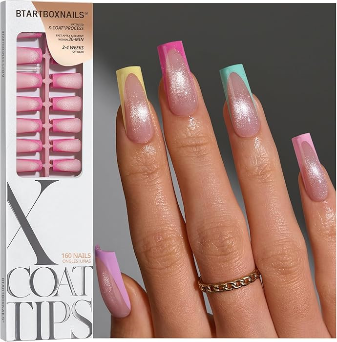 BTArtboxnails XCOATTIPS 5 Brighter Pastel French Tip Press on Nails - Long Square, Cat Eye Base, ... | Amazon (US)