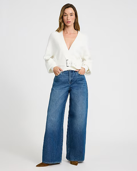 High Waisted Dark Wash Relaxed Wide Leg Jeans | Express