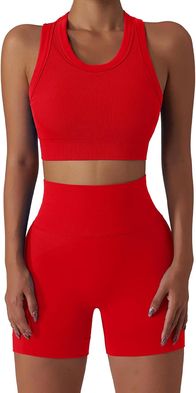 ABOCIW Workout Sets for Women 2 Piece Seamless Ribbed Tank Top Sport Bra High Waist Biker Shorts ... | Amazon (US)