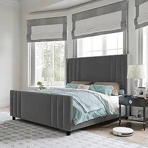 AMERLIFE King Size Bed Frame, Velvet Upholstered Platform Bed with Vertical Channel Tufted Headbo... | Amazon (US)