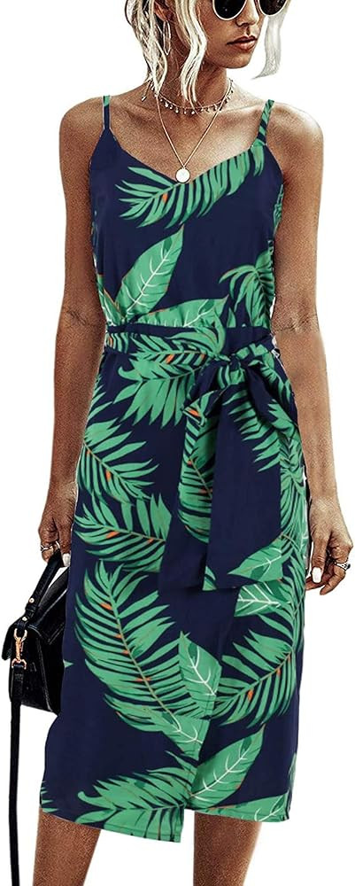 Angashion Women's Dresses - Sexy V Neck Spaghetti Strap Floral Leopard Printed Split Party Tulip ... | Amazon (US)