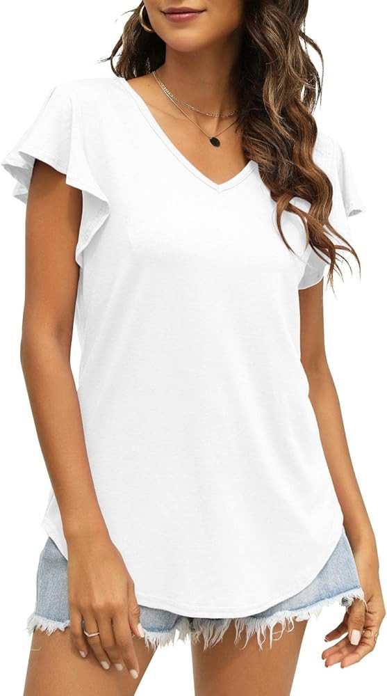 NANYUAYA Womens 2024 Summer Ruffle Short Sleeve Shirts Casual V Neck Solid Color T-Shirts | Amazon (US)