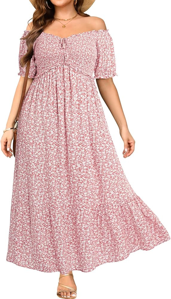 Plus Size Sun Dresses Women - Summer Off The Shoulder Puff Sleeve A Line Boho Maxi Flow Long Dres... | Amazon (US)