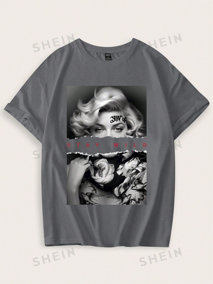 SHEIN EZwear Casual Portrait Pattern Printed Loose Plus Size Round Neck Short Sleeve T-Shirt For ... | SHEIN