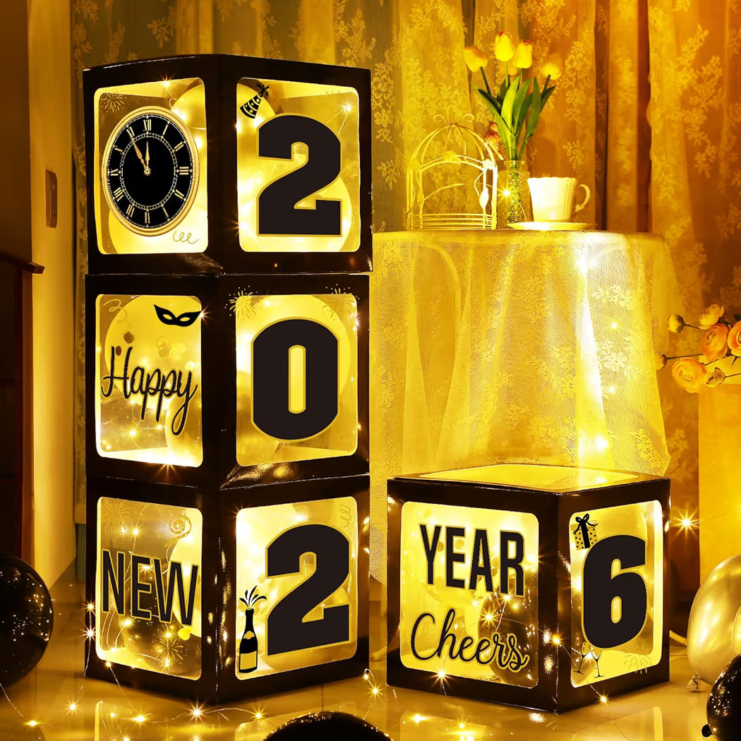 54Pcs Happy New Year Party Decorations 2026 Includes Black and Gold White Balloons 4Pcs Boxes Let... | Amazon (US)