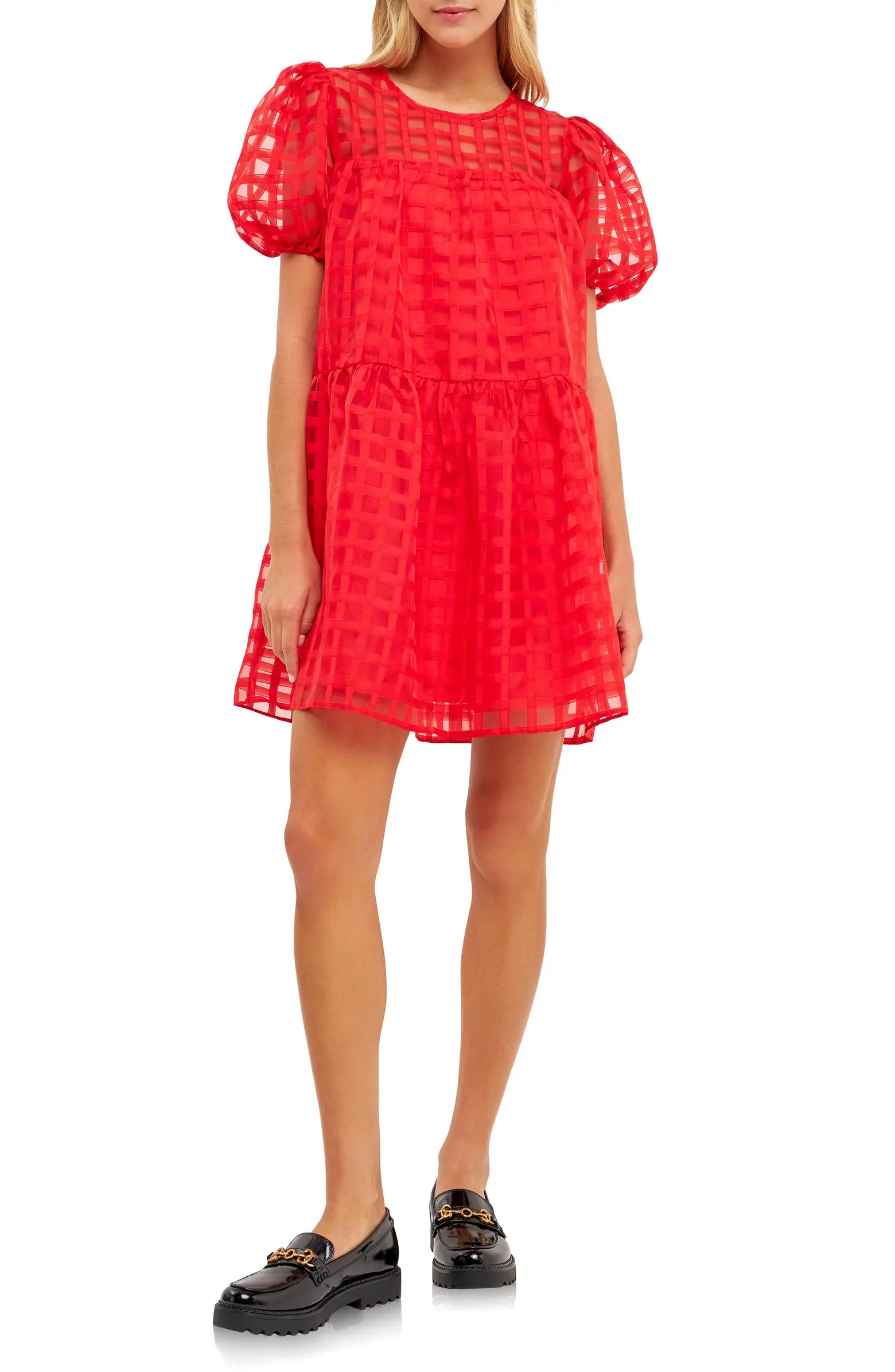 Gridded Puff Sleeve Dress | Nordstrom