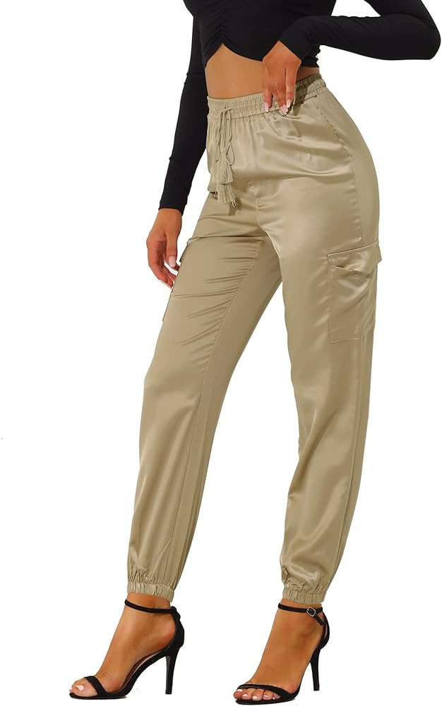Allegra K Women's Satin Joggers Drawstring Elastic High Waist Silky Satin Cargo Pants | Amazon (US)