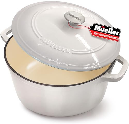 Mueller 6qt Enameled Cast Iron Dutch Oven, Heavy-Duty Casserole and Braiser Pan with Lid and Knob, Oven-Safe up to 500° F & Across All Cooktops, White | Amazon (US)
