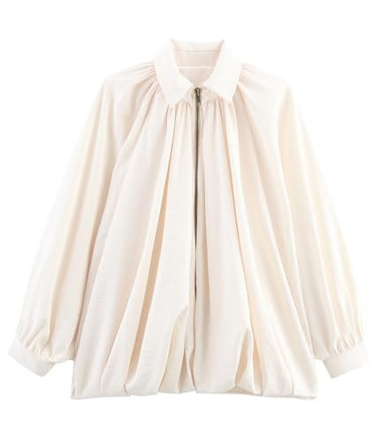 Kissonic Women's Puffed Bomber Jacket Lapel Collar Batwing Sleeve Zip Front Oversized Pleated Shirts Streetwear (Beige-S) | Amazon (US)