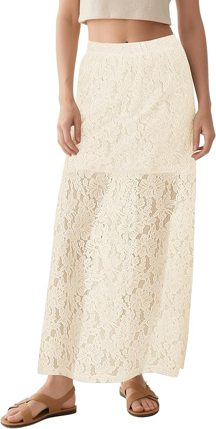 Urban CoCo Women's Elastic High Waisted Flowy A-Line Maxi Lace Skirt Summer Casual Long Skirts | Amazon (US)