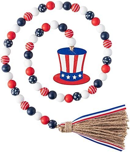 Patriotic Wood Bead Garland 4th of July Independence Day Wood Bead with American Flag Tassel Amer... | Amazon (US)