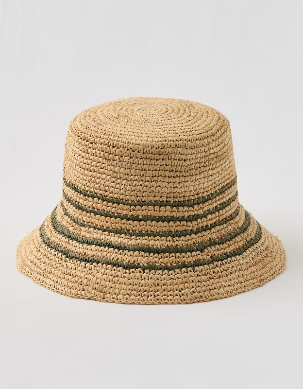 Aerie Striped Straw Bucket Hat | Aerie