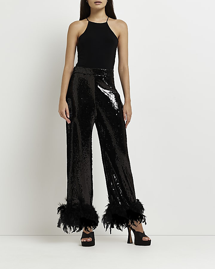 Black sequin feather hem straight trousers | River Island (UK & IE)