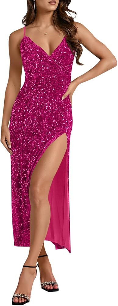 Wenrine Womens Sparkly Sequin Dress Spaghetti Strap V Neck Sexy High Slit Formal Club Party Eveni... | Amazon (US)